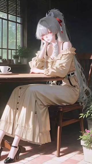 咖啡馆窗边银发美少女绯雪