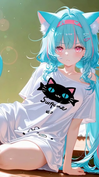 卧室阳光里的蓝发猫娘