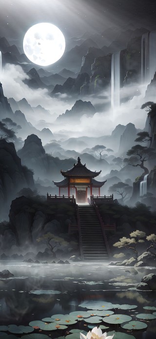 月夜山水古亭