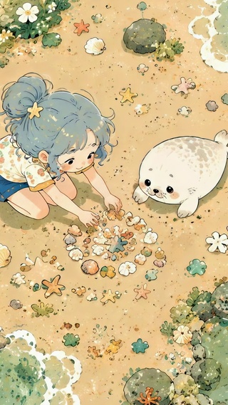 沙滩少女与小海豹