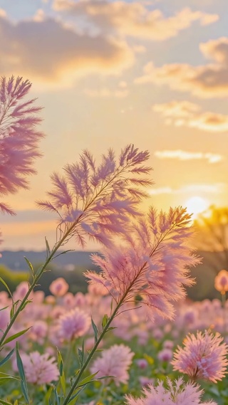 晚霞落日粉色花田