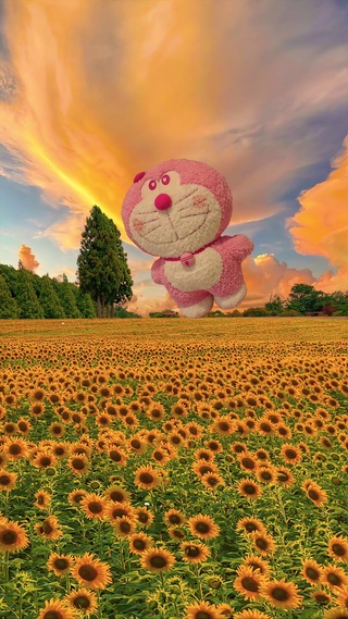 唯美向日葵花海叮当猫