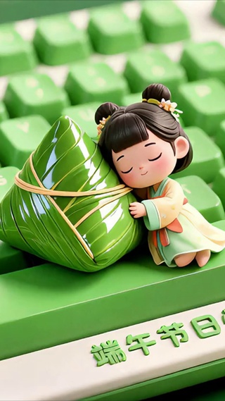 键盘上抱着粽子的汉服小女孩