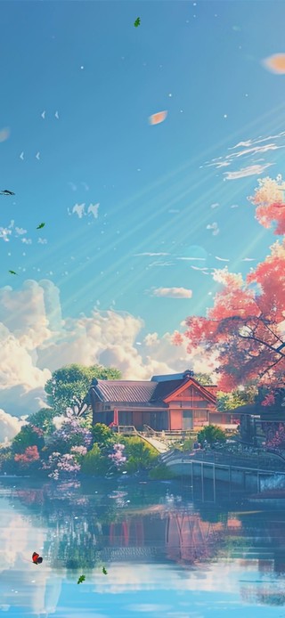 蓝天白云树木河流