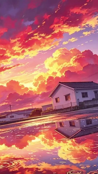 暮霞丝雨小镇