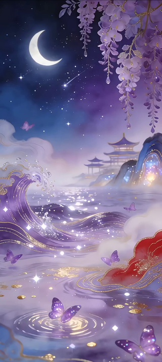 全屏深蓝鎏金梦幻国风夜景插画