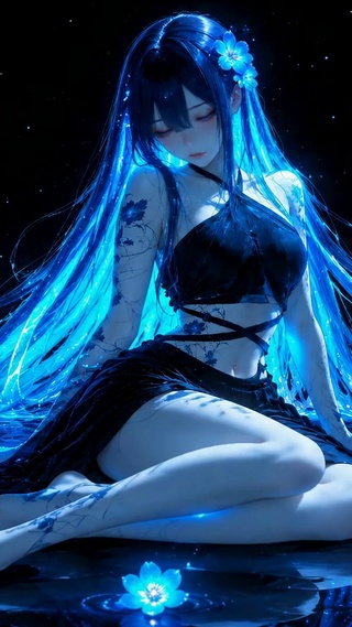 暗夜荧蓝水畔美少女
