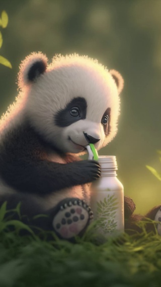 可爱熊猫在草地上喝奶奶