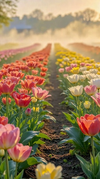 晨雾暖阳郁金香花田
