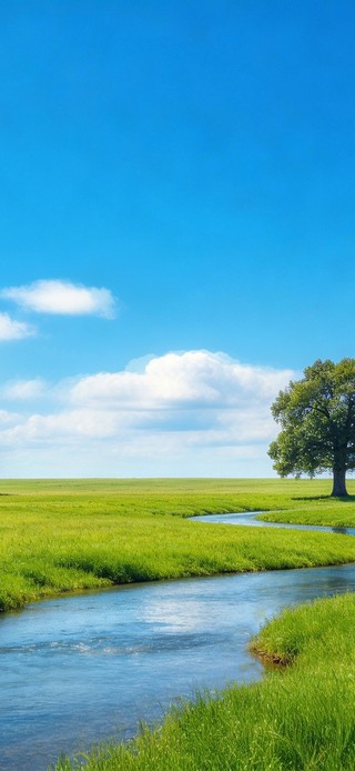 蓝开白云草地小溪