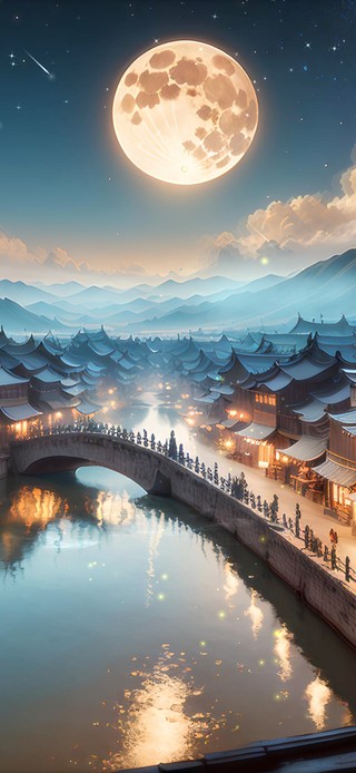 唯美月夜江边古镇