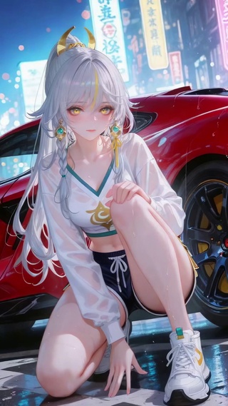 赛博街头超跑银发美少女兹白
