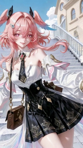 粉发二次元美少女街角赏花