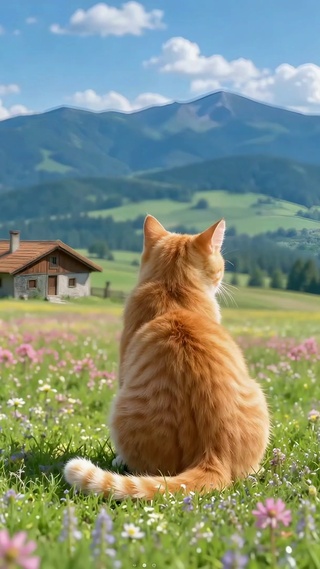 花田橘猫眺望远山风景
