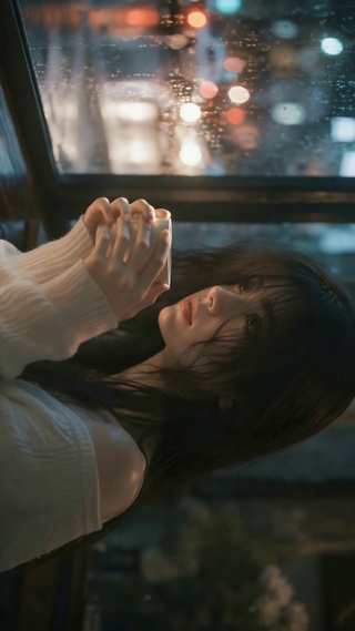 雨夜窗边的温柔美女