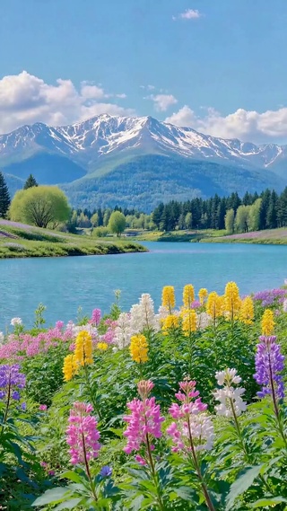 清新湖畔繁花雪山美景