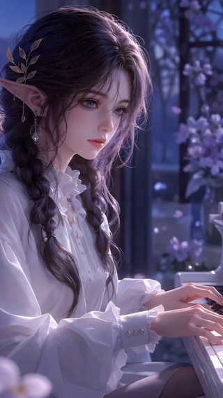 暮色窗边弹钢琴的精灵少女