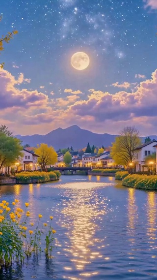 星空月夜河畔小镇风光