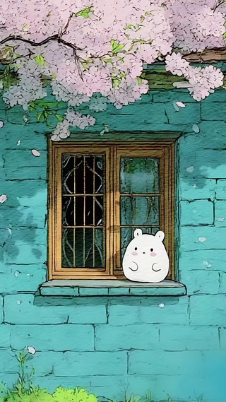 樱花窗下呆萌小兔