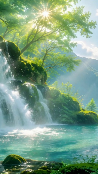 清新治愈山间瀑布自然美景