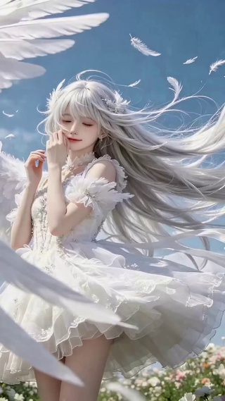 晴空花海白翼银发美少女