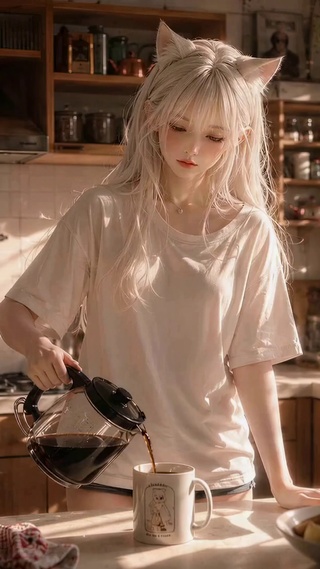 温馨厨房猫耳白发美少女