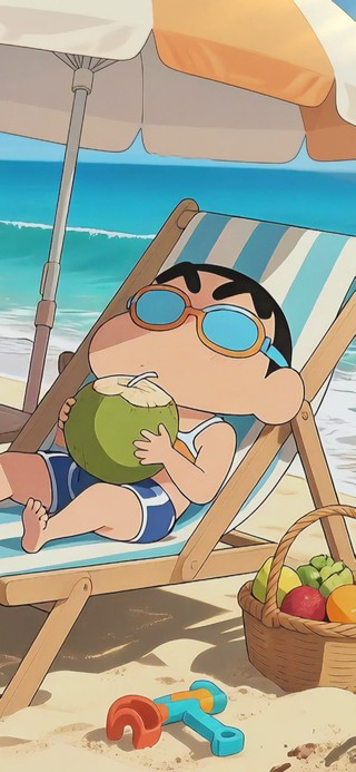 海滩悠闲享受夏日的蜡笔小新