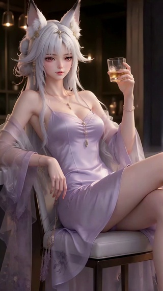 银发狐耳紫裙都市美少女