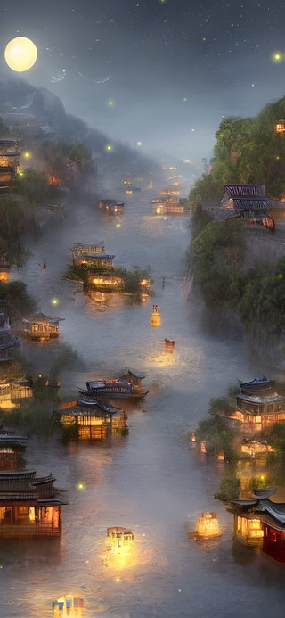 夜晚河边古镇