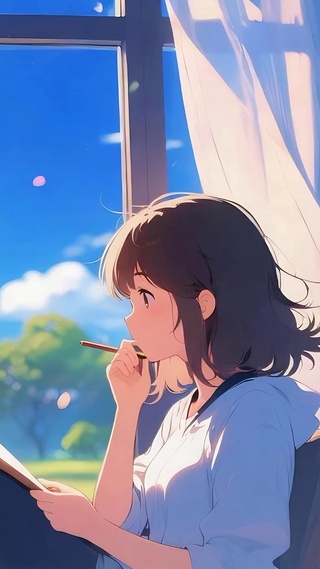 晨曦窗边写作的少女