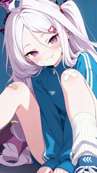 运动风白发恶魔少女与猫咪