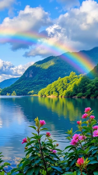 湖面上的彩虹与青山