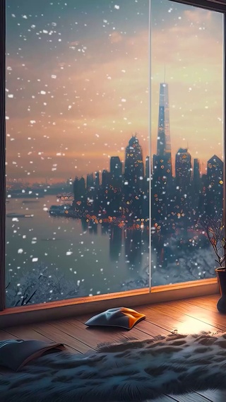 科幻城市雪天壁炉房间