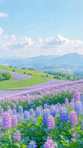 晴日蓝紫花田山野风景