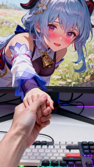 蓝发黑丝甘雨穿越屏幕与主人互动