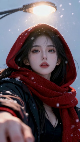雪夜路灯下的红围巾美少女