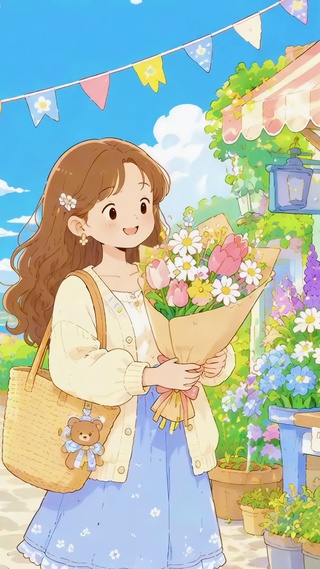 治愈街角花市捧花美少女