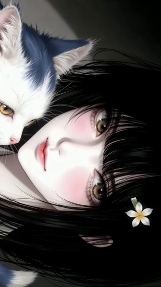 治愈黑白少女与猫