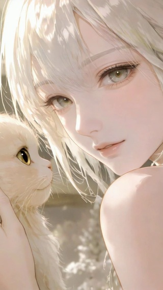 白发少女与猫咪温馨相伴