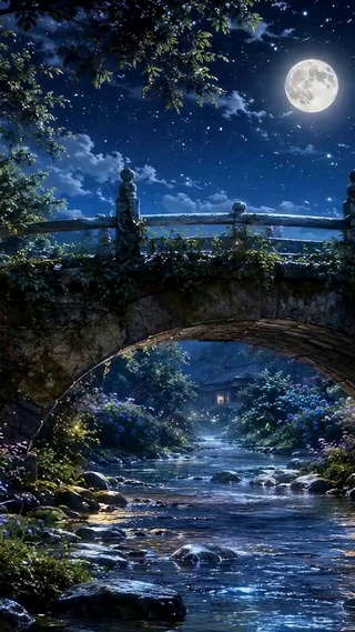 月夜星空溪流石拱桥