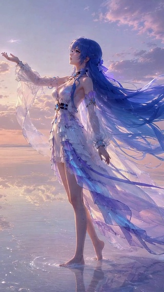 唯美盐湖日落蓝发美少女