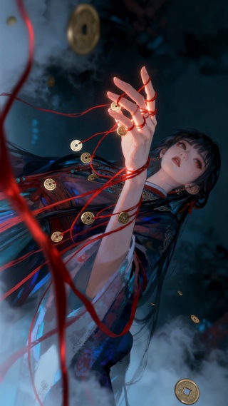 古风红绳命理师铜钱缠绕神秘术法
