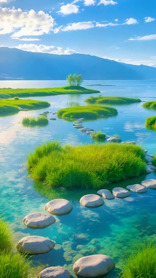 阳光碧水青草地