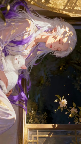 花影窗边白发少女和猫