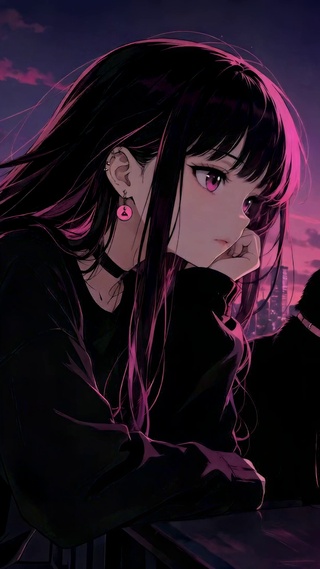 紫夜天台美少女与黑猫