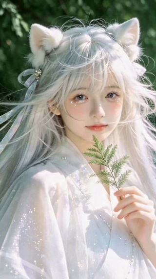 林间白发猫耳古风美少女