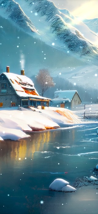 雪山下河边小屋