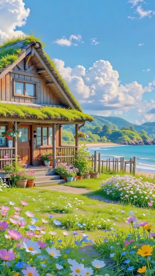 海边开满花的童话木屋