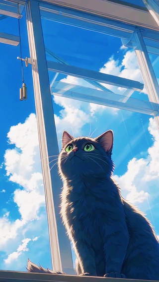 蓝天下窗边猫咪