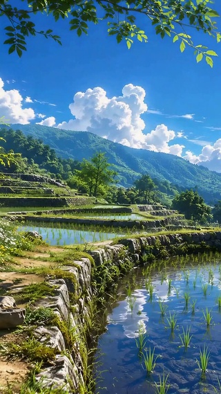 清新夏日山间梯田美景